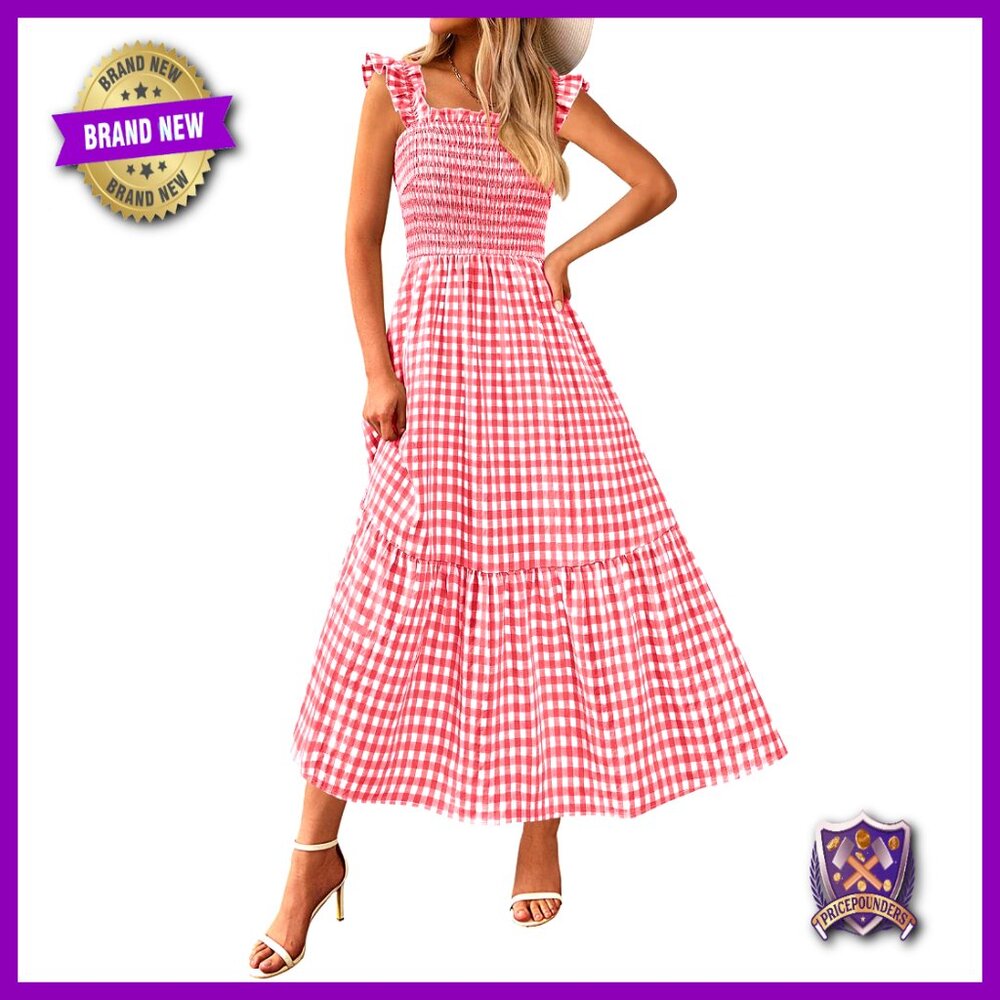 Square Neck Ruffle Strap Smocked Midi Dress Flowy A-Line Casual Chic